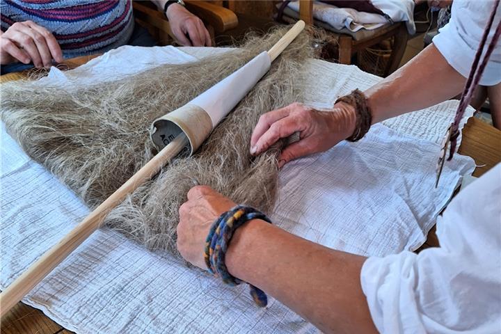 Spinnerinnen lernen das Rocken 